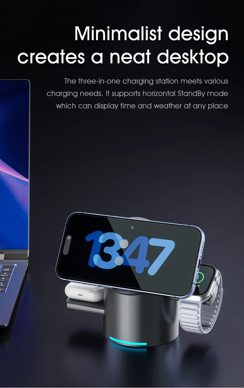 Chargeur sans fil magnétique tactile Android, iPhone, iWatch, Airpods, station de charge rapide