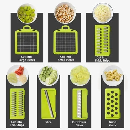 Hachoir à légumes multifonctionnel 16 en 1 avec poignée, râpe à aliments, hachoir à aliments, trancheuse à légumes, coupe en dés, articles de cuisine