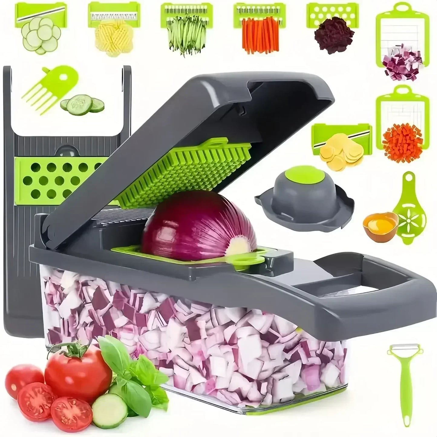 Hachoir à légumes multifonctionnel 16 en 1 avec poignée, râpe à aliments, hachoir à aliments, trancheuse à légumes, coupe en dés, articles de cuisine