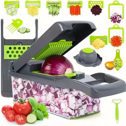 Hachoir à légumes multifonctionnel 16 en 1 avec poignée, râpe à aliments, hachoir à aliments, trancheuse à légumes, coupe en dés, articles de cuisine