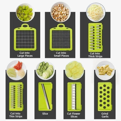 Hachoir à légumes multifonctionnel 16 en 1 avec poignée, râpe à aliments, hachoir à aliments, trancheuse à légumes, coupe en dés, articles de cuisine